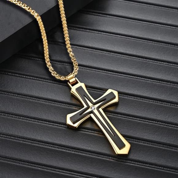 Men's Cross Pendant Stainless Steel Crucifix Necklace Men Boys Chain 24 Inches - Picture 1 of 4